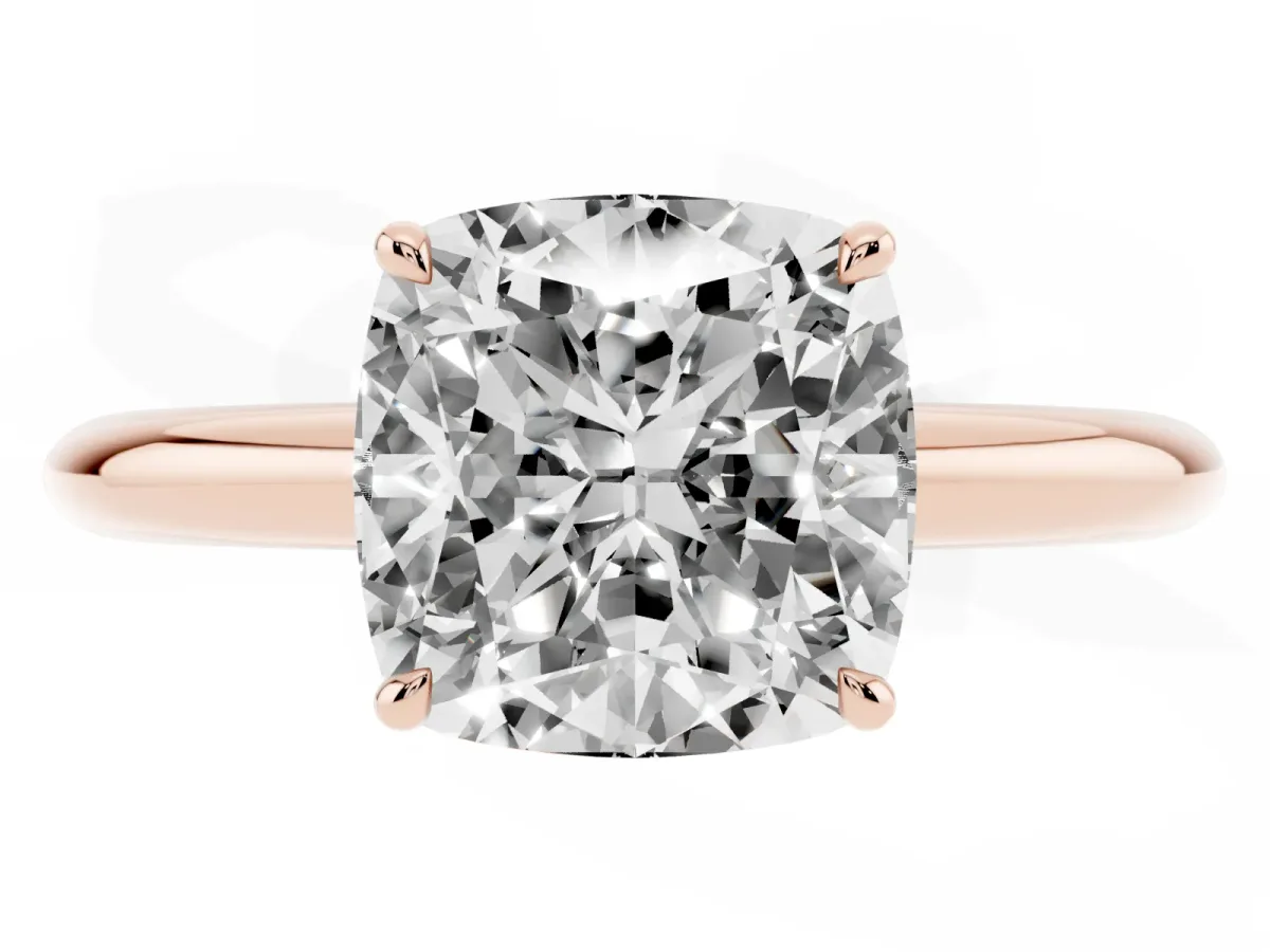 Cushion Cut Brilliant Solitaire Engagement Ring with Six-Prong Setting and Classic Band Rose gold