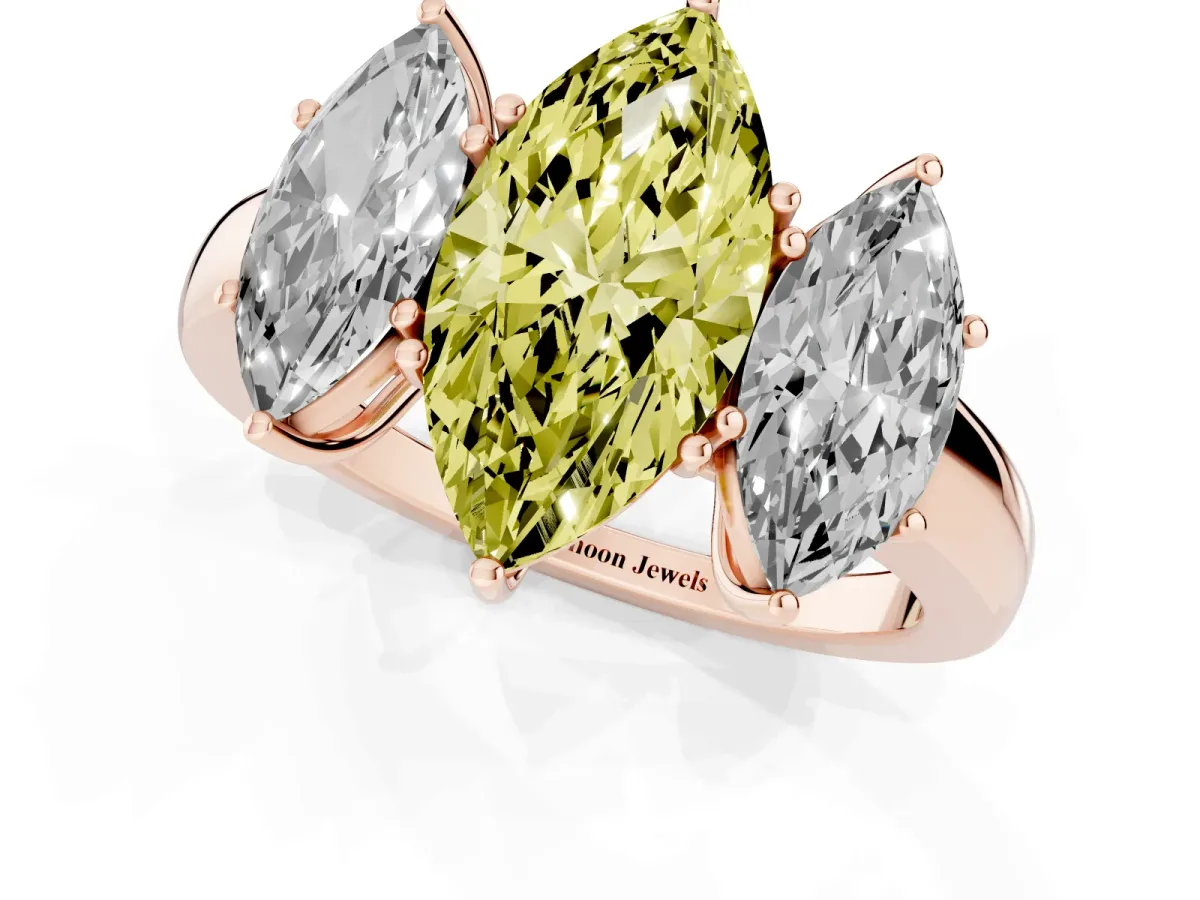 Fancy Yellow Marquise Cut Diamond Three-Stone Ring with Four-Prong Setting and Classic Band Rose gold