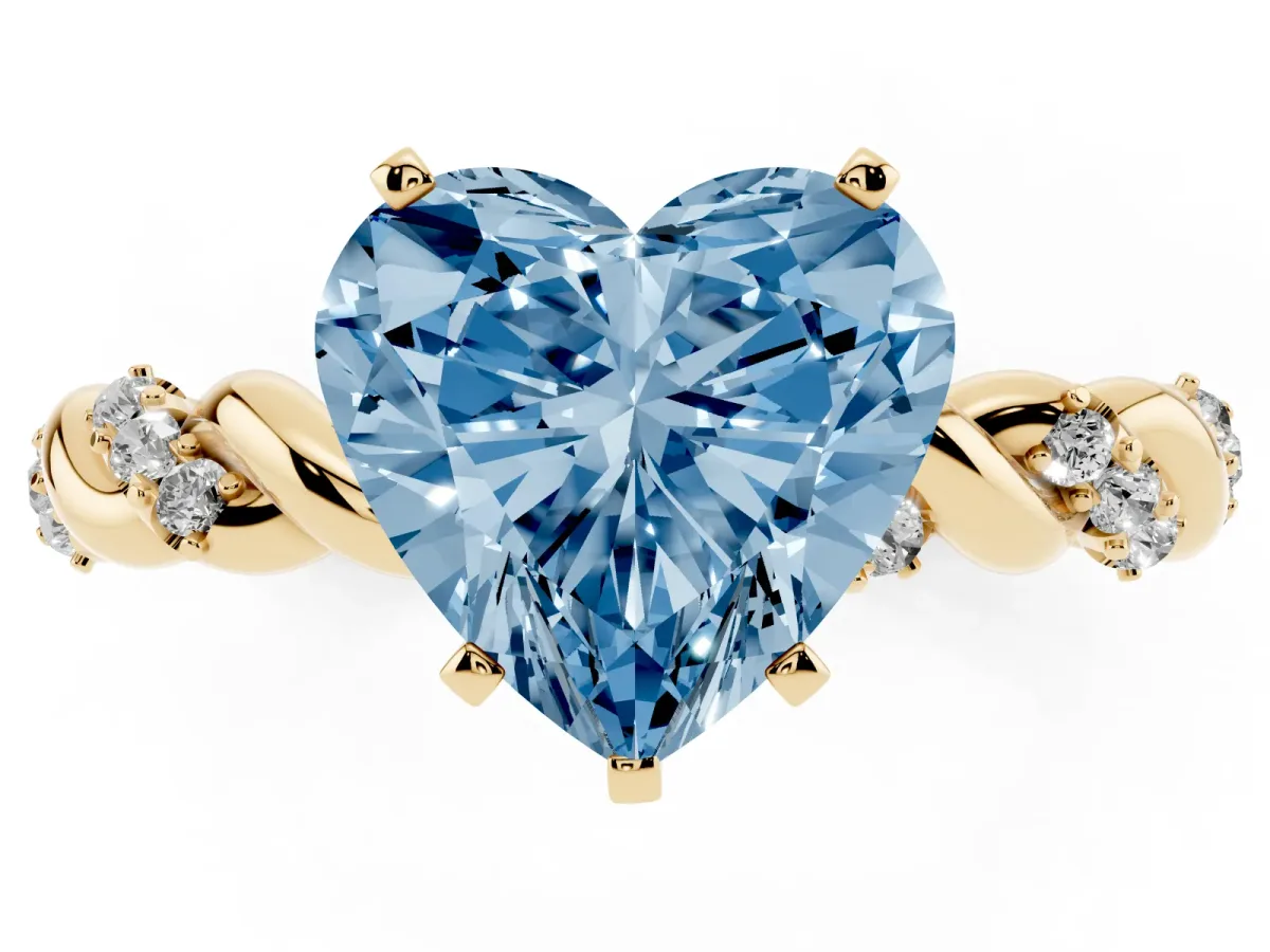 Fancy Blue Heart Cut Diamond Solitaire Ring with Twisted Band and Pavé Accents Yellow gold