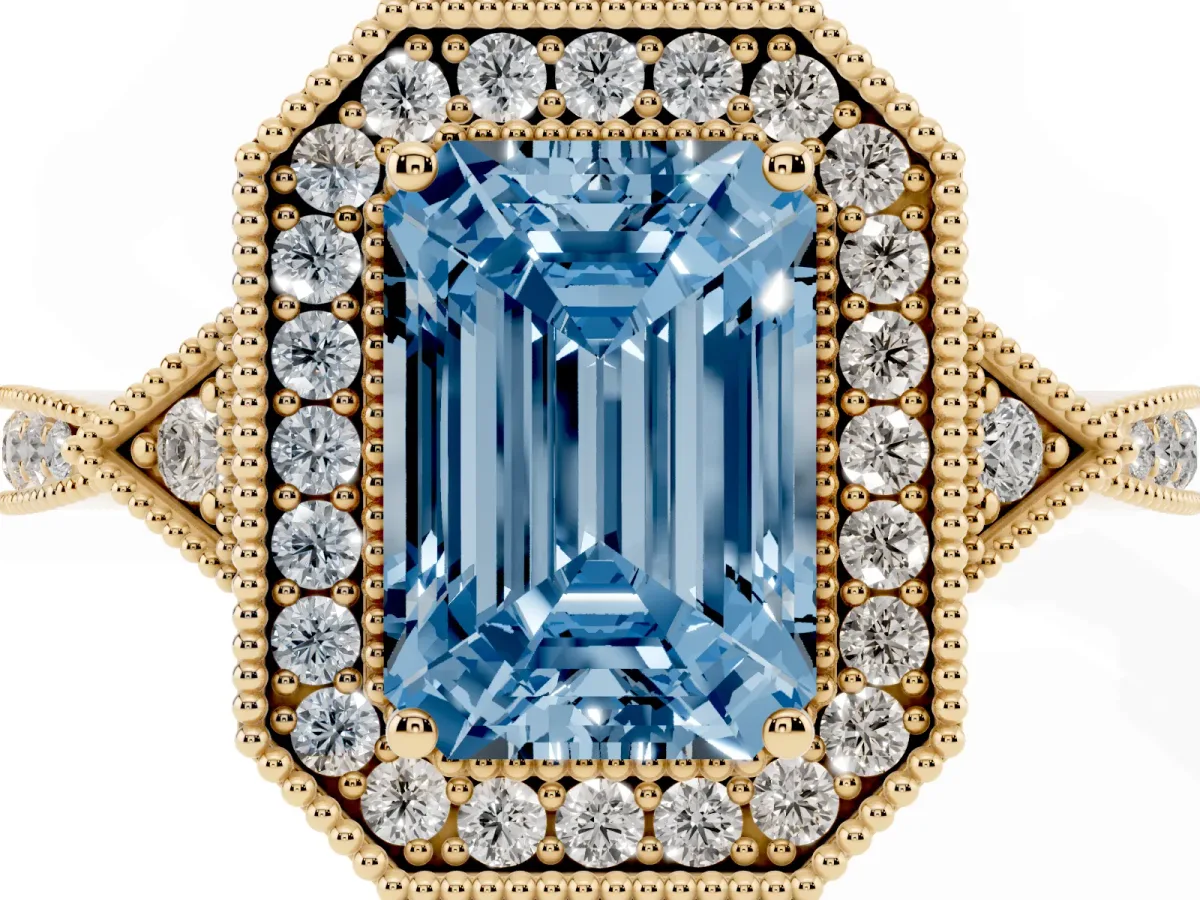 Fancy Blue Emerald Cut Halo Round Diamond Milgrain Pave Engagement Ring Yellow gold