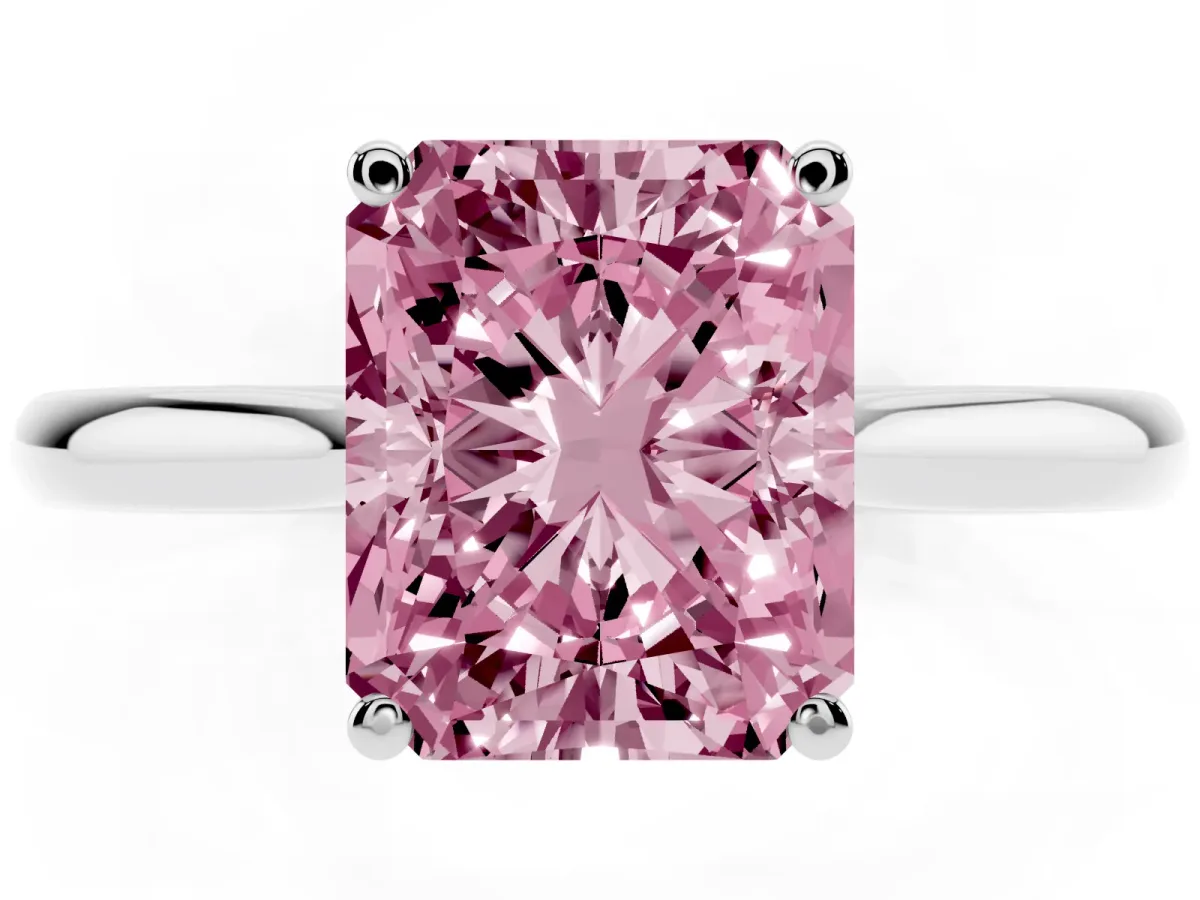 Fancy Pink Radiant Cut Cut Solitaire Ring with Cathedral Band and Four-Prong Setting White gold