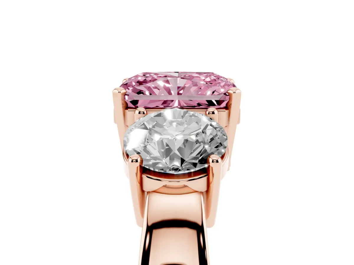 Fancy Pink Three-Stone Radiant Cut Diamond Ring with Round Side Stones, Classic Band, and Four-Prong Setting Rose gold