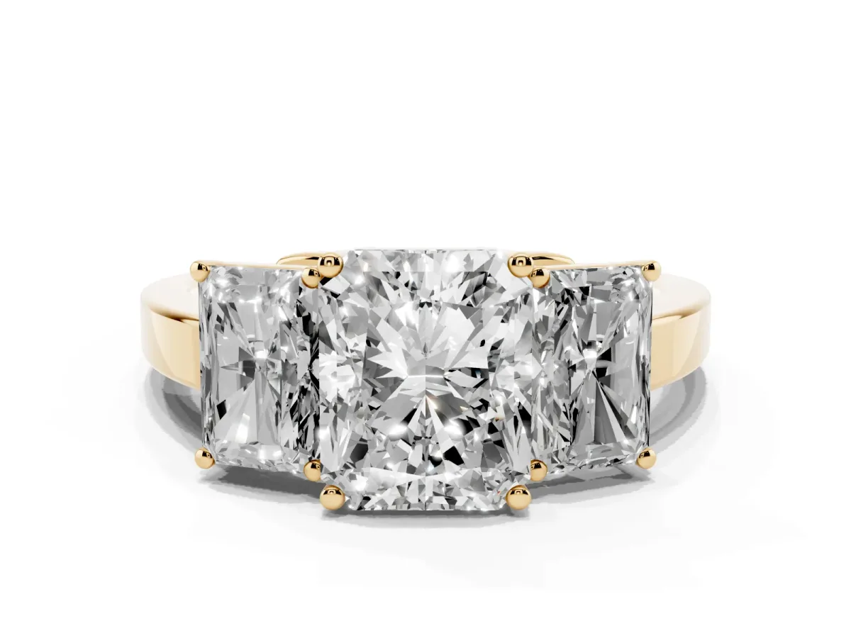 Three-Stone Radiant Cut Cut Diamond Engagement Ring with Flat Band and Four-Prong Setting Yellow gold
