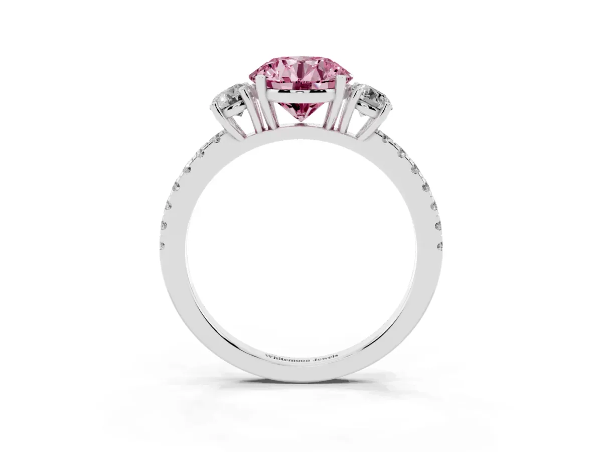 Fancy Pink Three-Stone Round Cut Cut Diamond Pavé Band with Prong Setting Silver