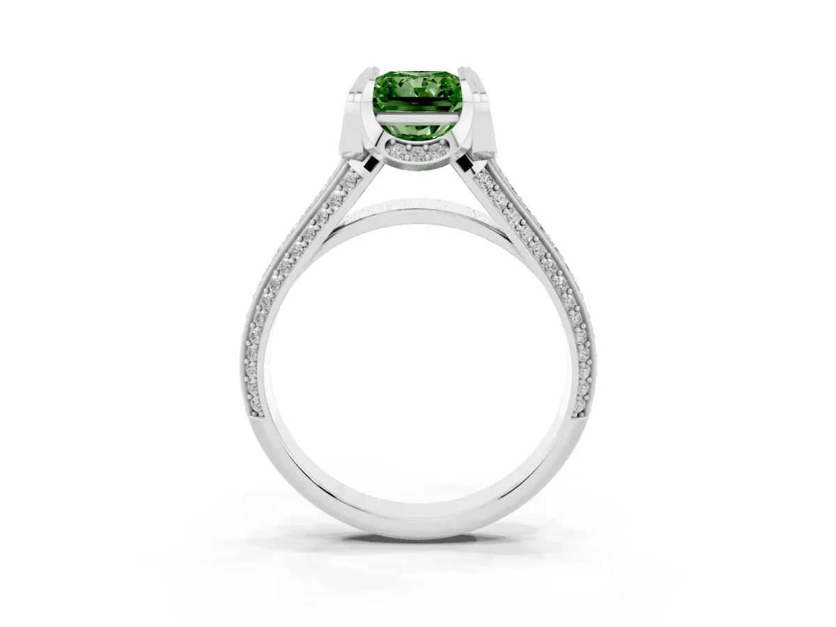 Fancy Green Radiant Cut Solitaire Pave Split Shank Ring with Four-Prong Setting Silver