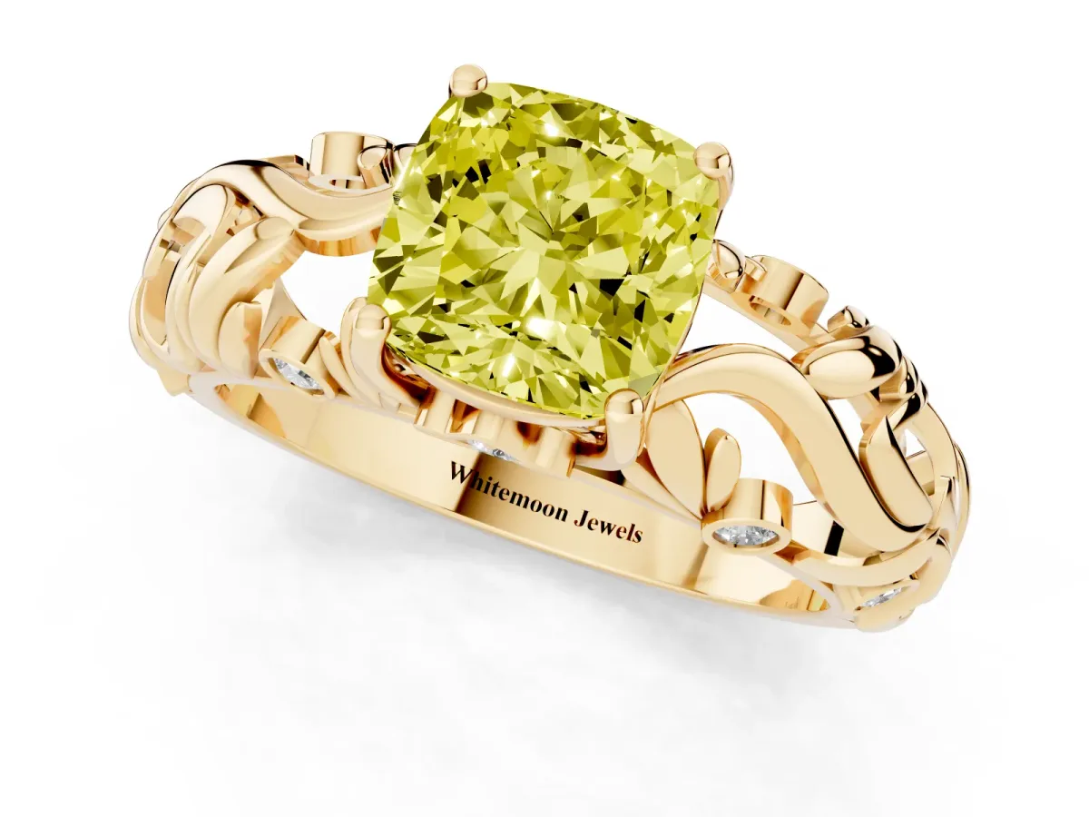 Fancy Yellow Cushion Cut Solitaire Diamond Leaf-Inspired Vine Band Ring with Prong Setting Yellow gold