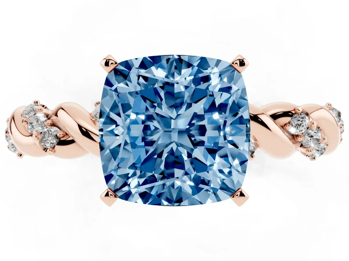 Fancy Blue Cushion Cut Diamond Solitaire Ring with Twisted Band and Pavé Accents Rose gold
