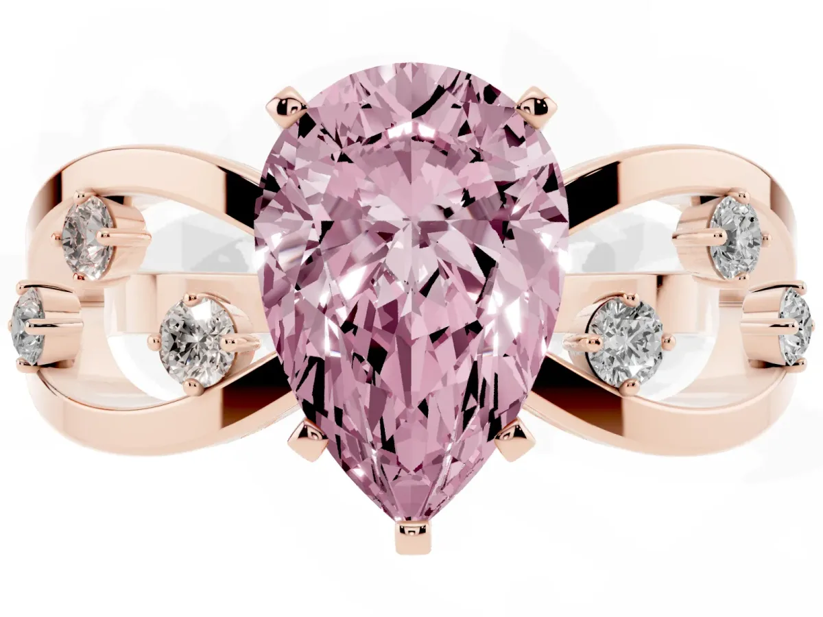 Fancy Pink Pear Cut Cut Solitaire Diamond with Side Stones on Criss-Cross Band and Four-Prong Setting Rose gold