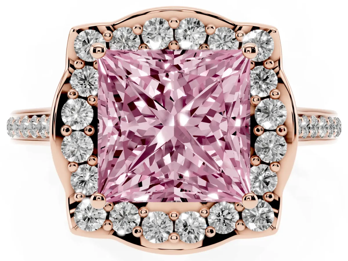 Fancy Pink Princess Cut Halo Round Diamond Pave Band with Four-Prong Setting Rose gold