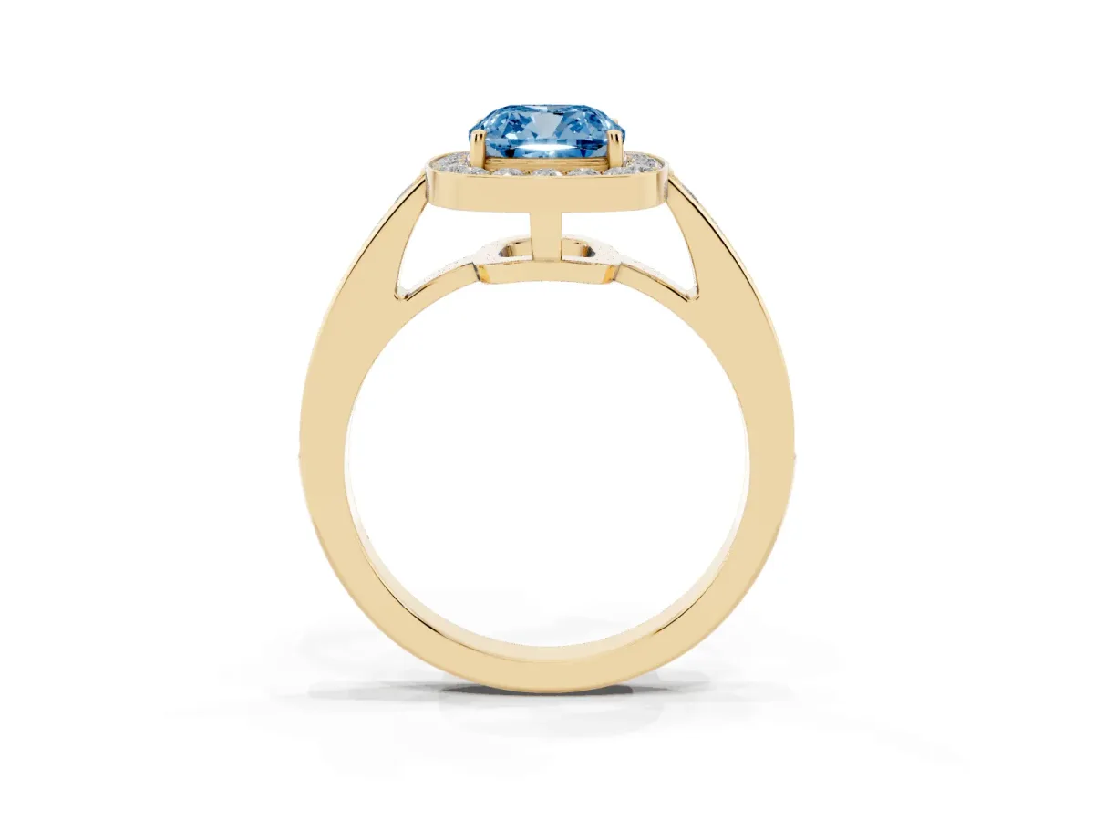 Fancy Blue Cushion Cut Halo Pavé Diamond Engagement Ring with Bezel Setting Yellow gold