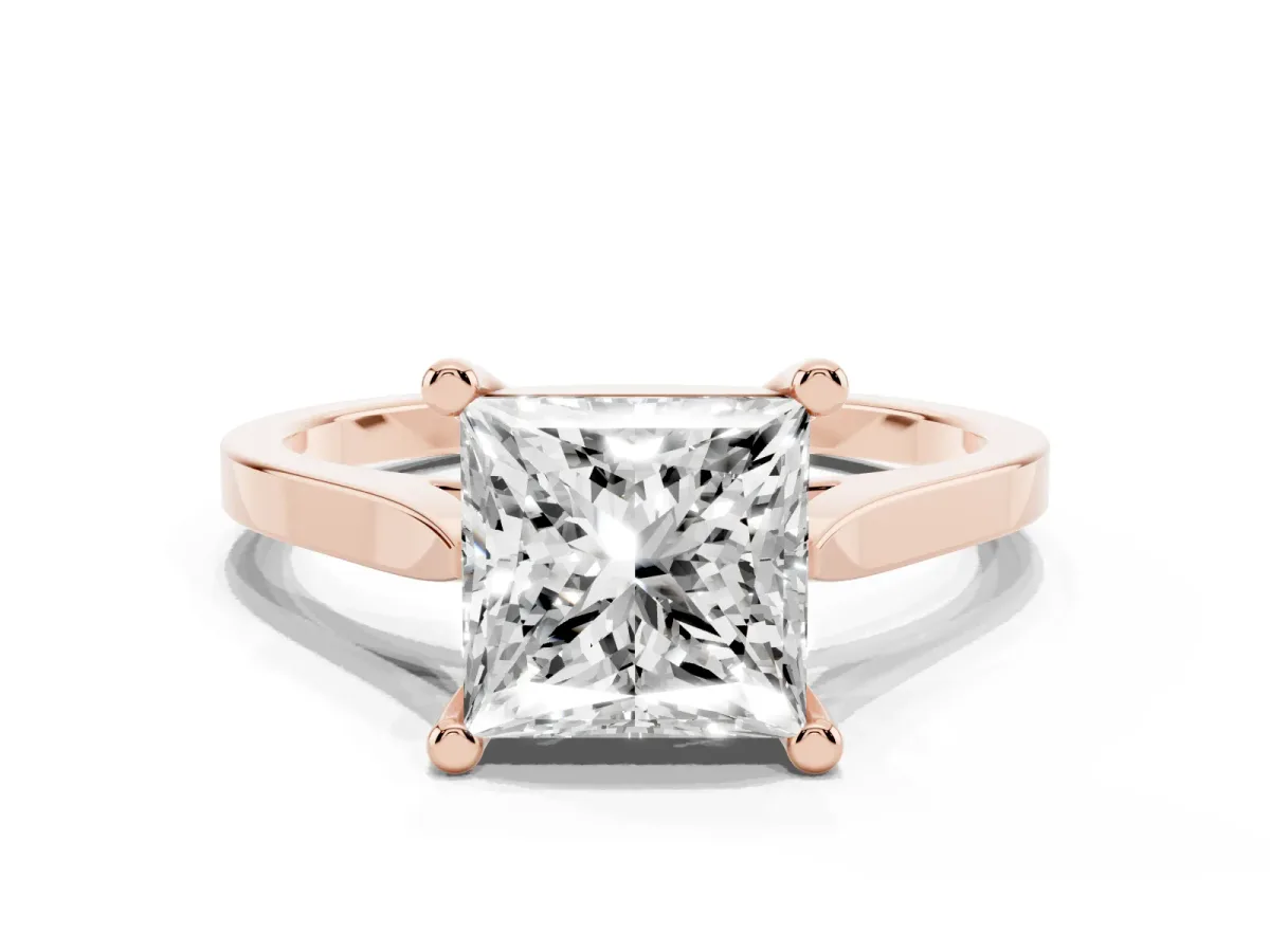 Princess Cut Solitaire Diamond Ring with Four-Prong Setting and Tapered Band Rose gold