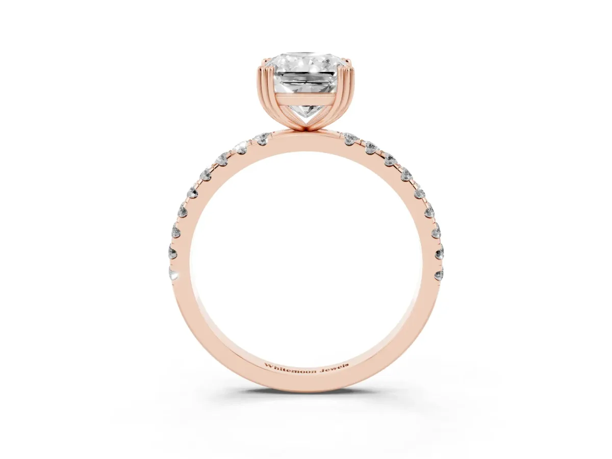 Radiant Cut Brilliant Solitaire with Pavé Band and Claw Prong Setting Rose gold