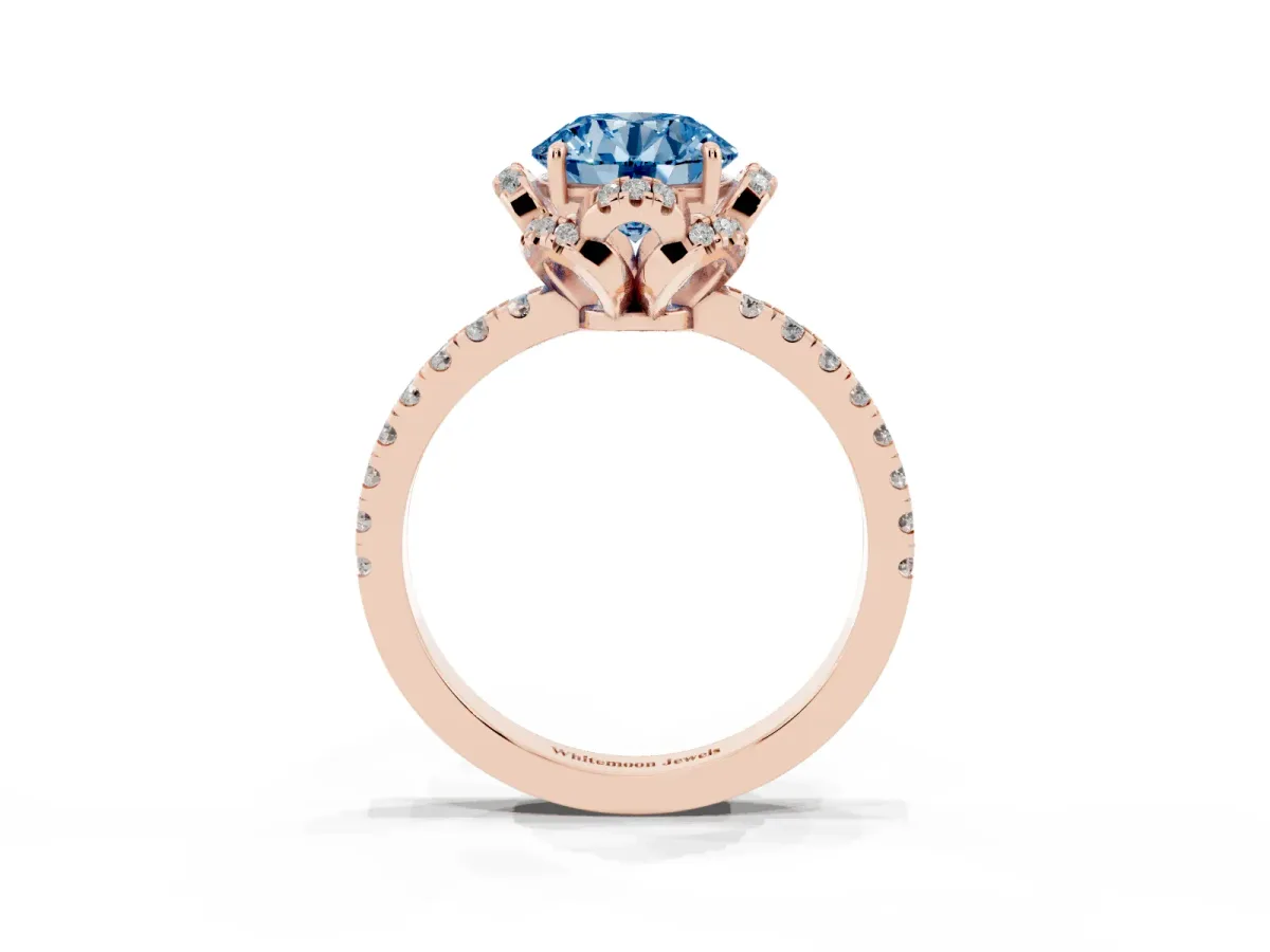 Fancy Blue Round Cut Diamond Halo Pave Band with Four-Prong Setting Rose gold