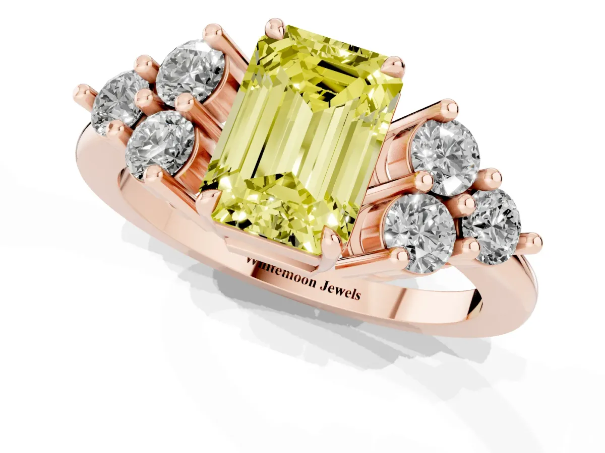 Fancy Yellow Emerald Cut Brilliant Diamond Cluster Accent Solitaire Ring with Prong Setting Rose gold