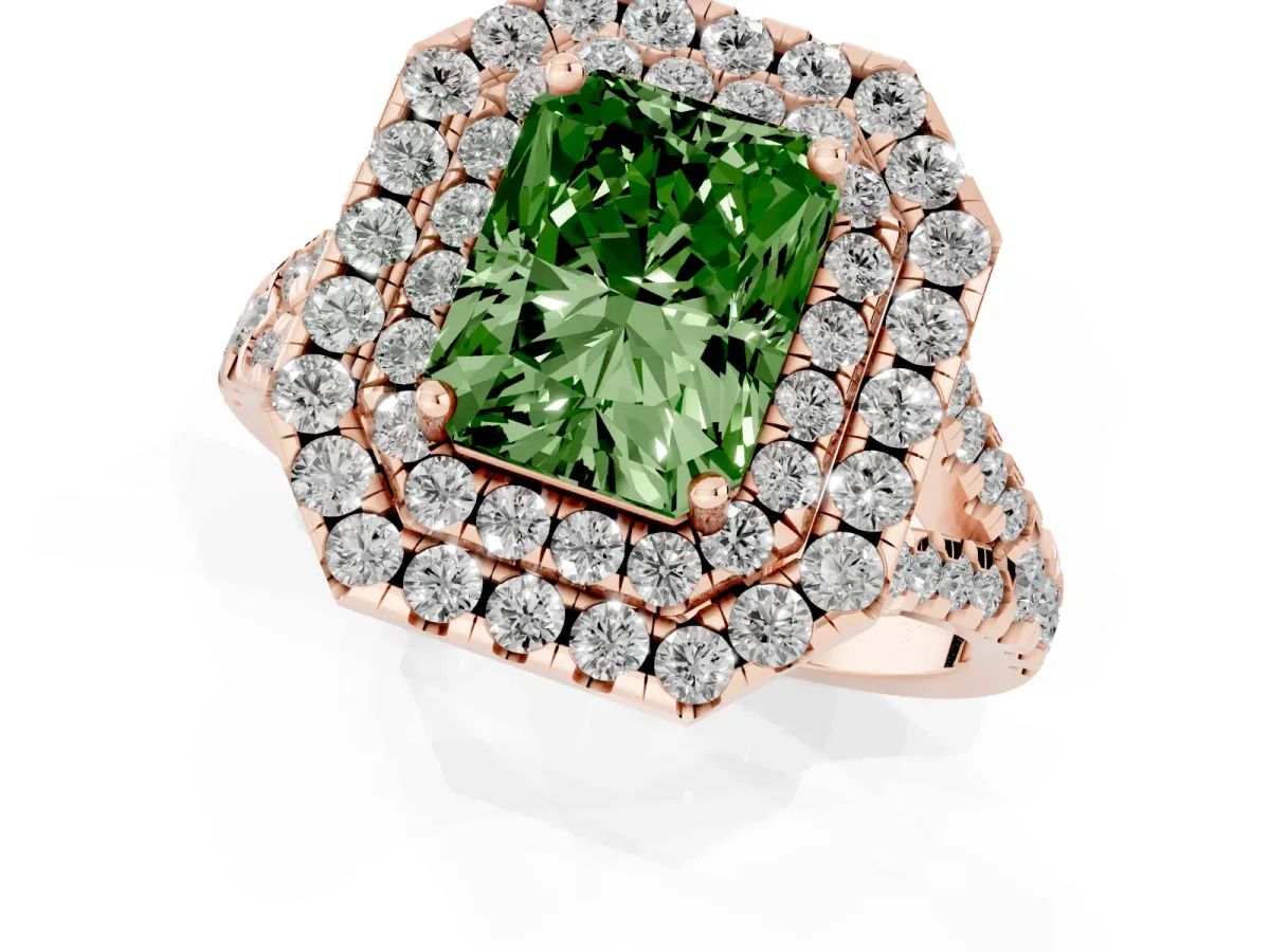Fancy Green Double Halo Radiant Cut Diamond Pavé Split Shank Ring with Prong Setting Rose gold