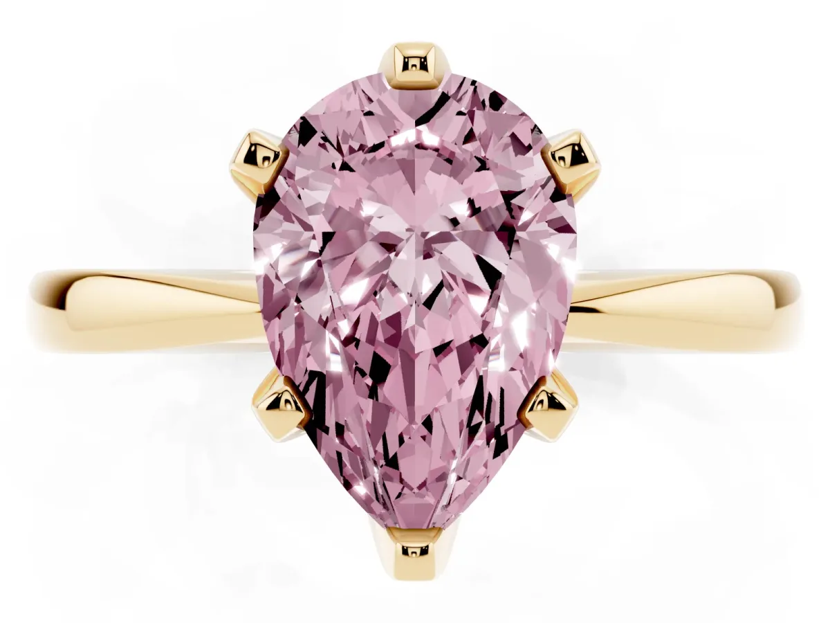 Fancy Pink Pear Cut Solitaire Engagement Ring with Six-Prong Setting and Tapered Band Yellow gold