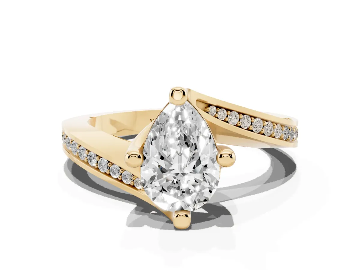 Pear Cut Solitaire Diamond Twist Band with Pavé Setting and Four-Prong Setting Yellow gold