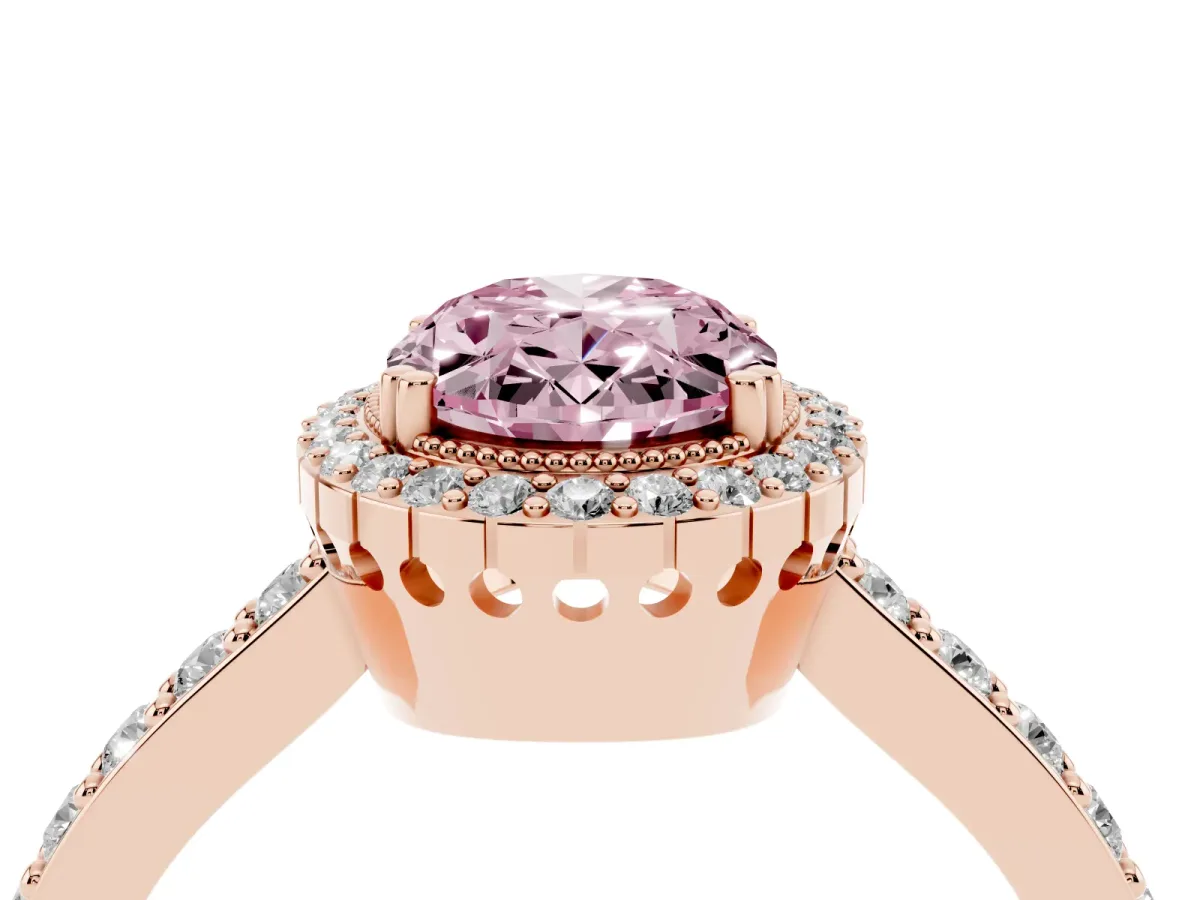Fancy Pink Oval Cut Cut Diamond Halo Engagement Ring with Milgrain Detail and Pavé Band Rose gold