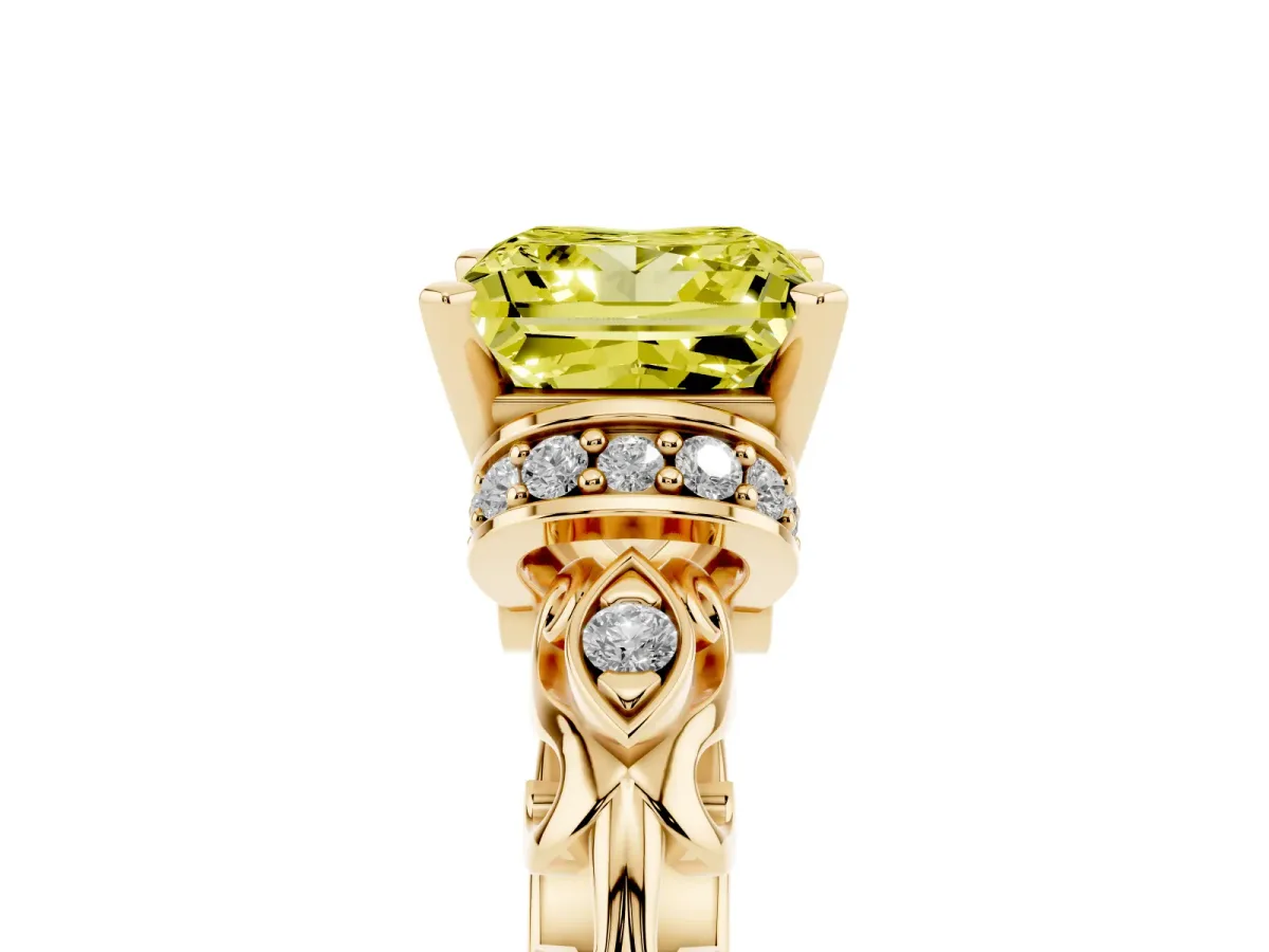 Fancy Yellow Princess Cut Diamond Solitaire Ring with Filigree Band and Four-Prong Setting Yellow gold