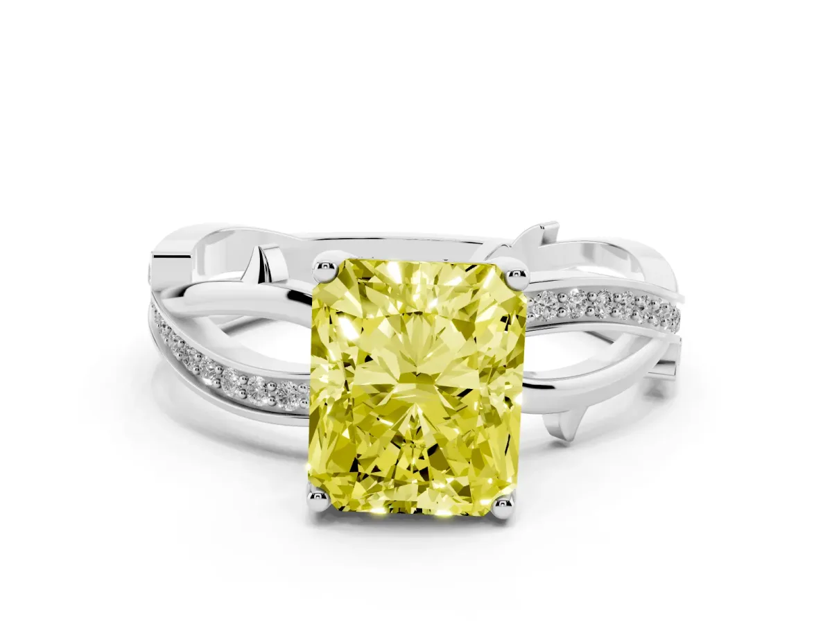 Fancy Yellow Radiant Cut Solitaire Twist Band with Pavé Accents and Four-Prong Setting White gold
