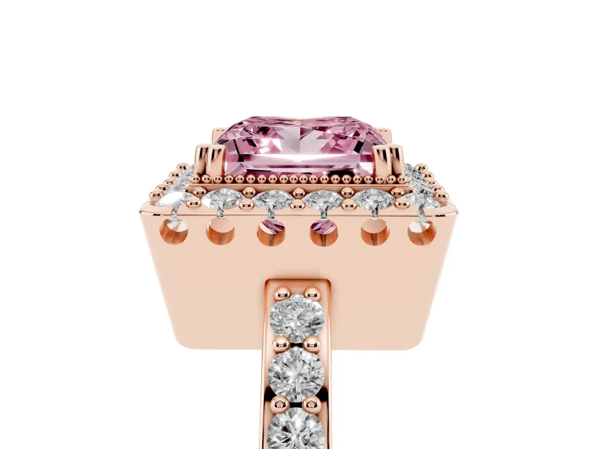 Fancy Pink Princess Cut Diamond Halo Ring with Pavé Band and Prong Setting Rose gold