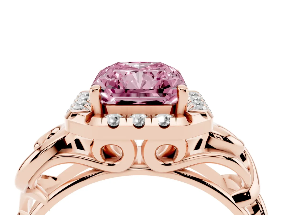 Fancy Pink Radiant Cut Cut Halo Diamond Ring with Scrollwork Band and Four-Prong Setting Rose gold