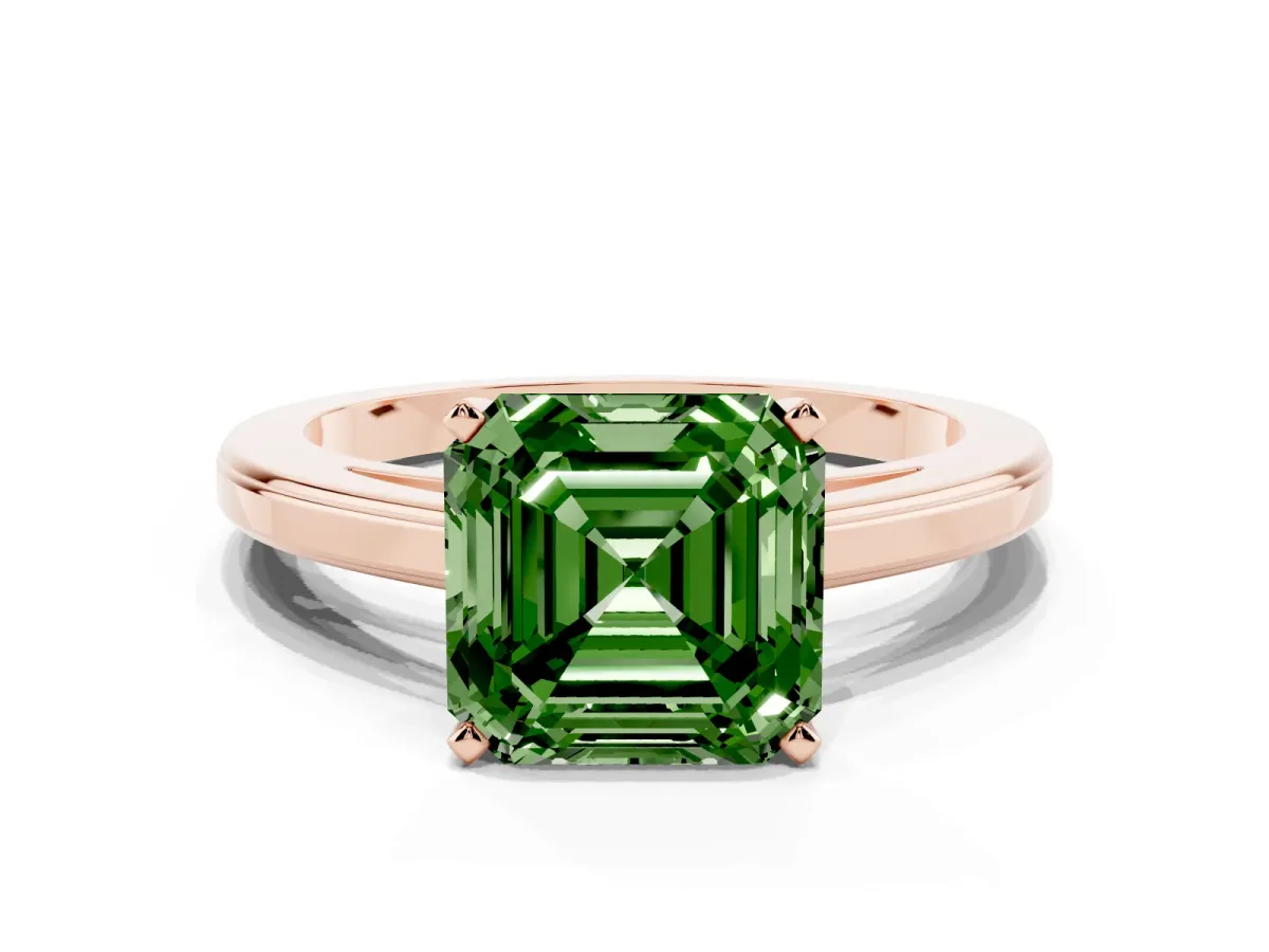 Fancy Green Asscher Cut Solitaire Diamond Ring with Four-Prong Setting and Classic Band Rose gold