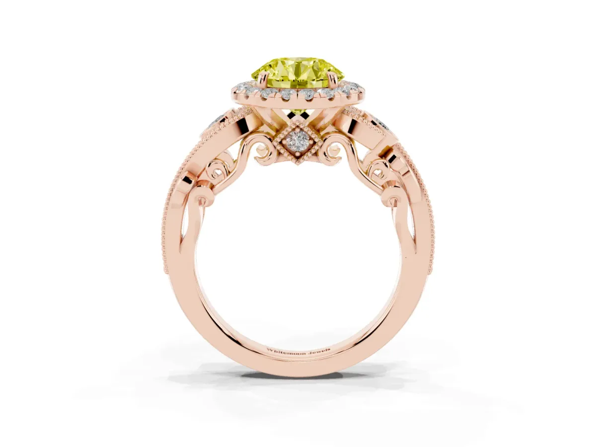 Fancy Yellow Round Cut Halo Diamond Ring with Milgrain and Bezel Accents on a Split Shank Band Rose gold