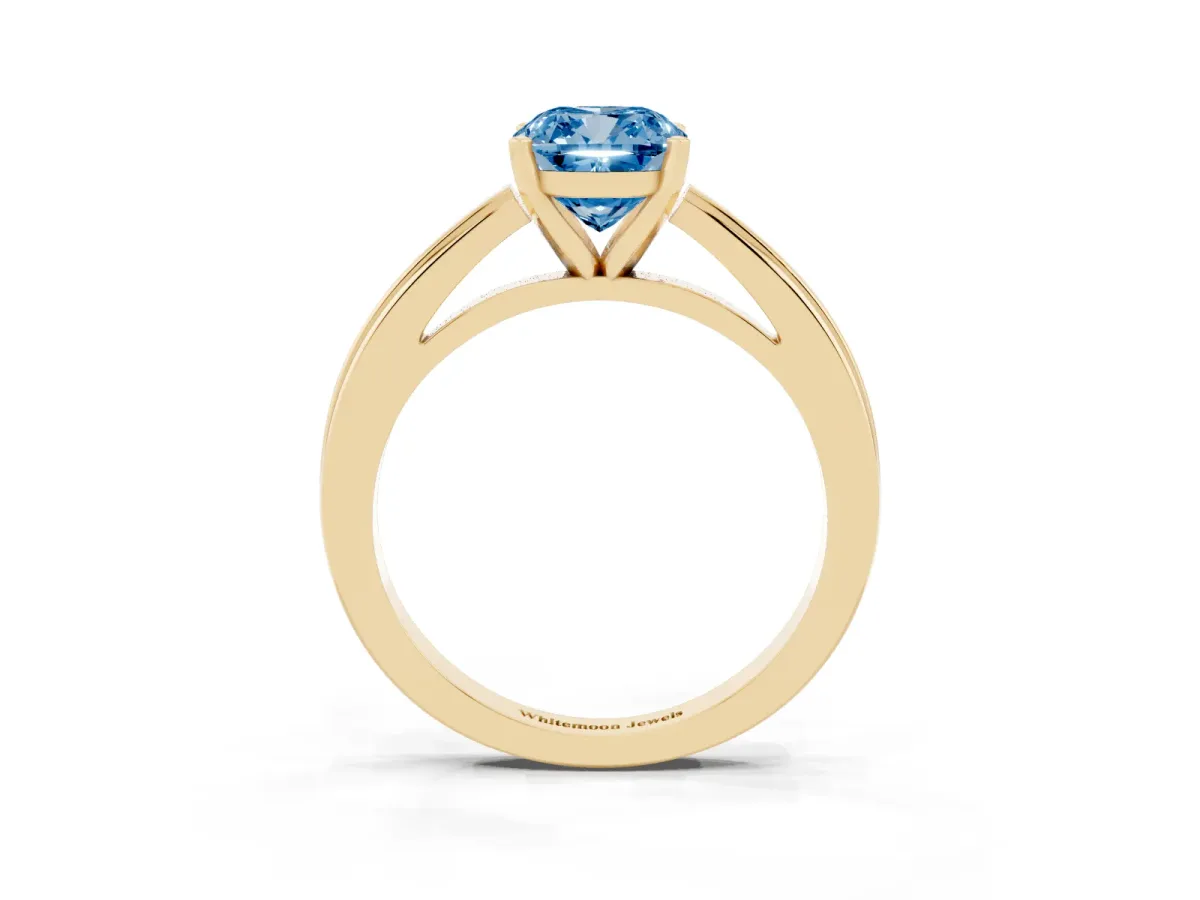 Fancy Blue Cushion Cut Solitaire Diamond Ring with Four-Prong Setting and Classic Band Yellow gold
