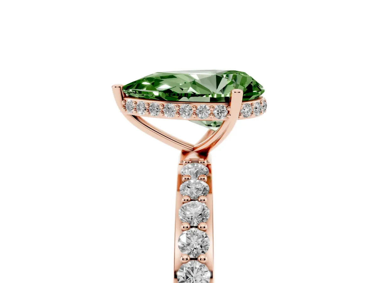 Fancy Green Pear Cut Diamond Solitaire Ring with Pavé Band and Hidden Halo Rose gold