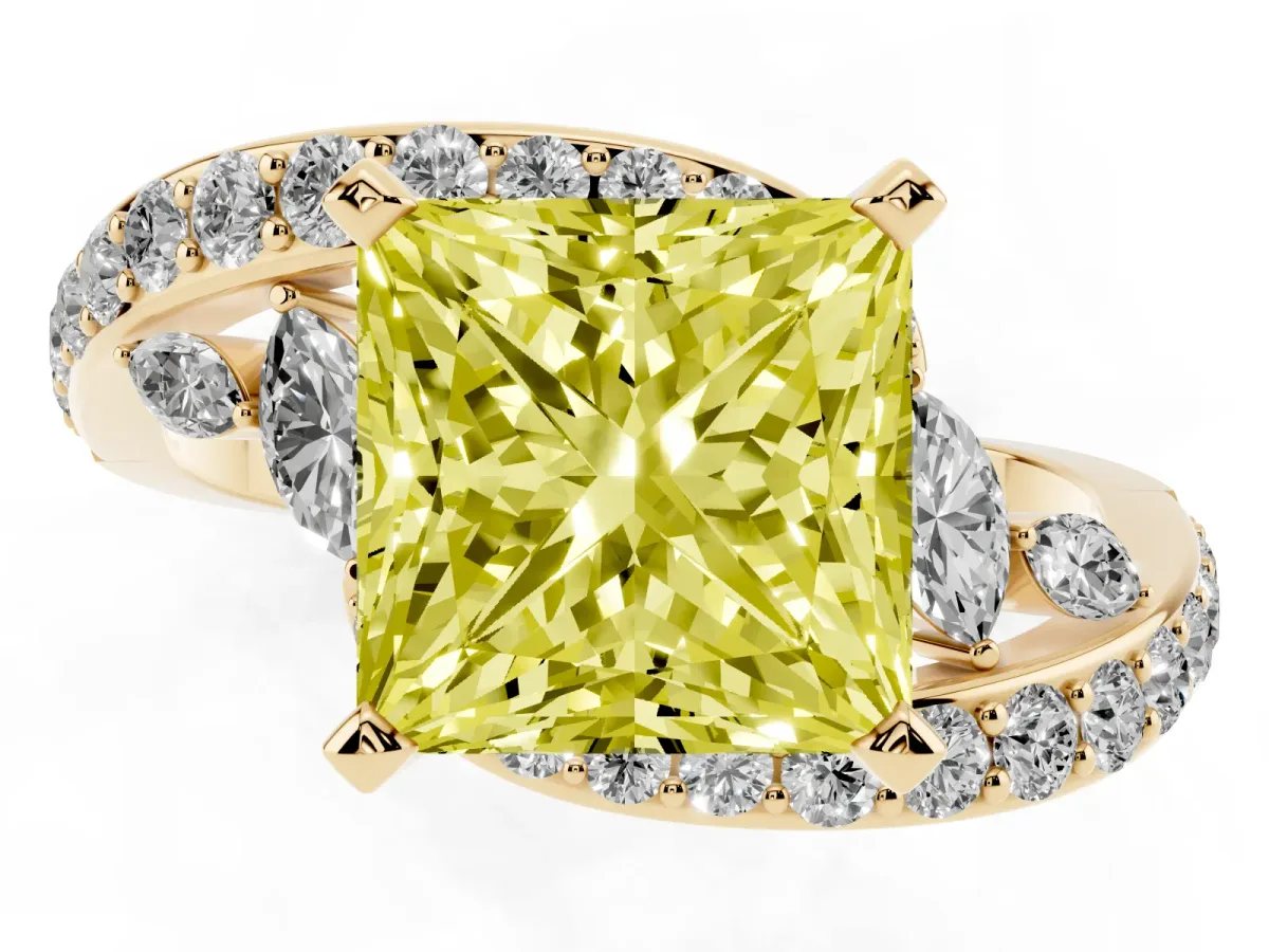 Fancy Yellow Princess Cut Solitaire with Pavé Twist Band and Four-Prong Setting Yellow gold