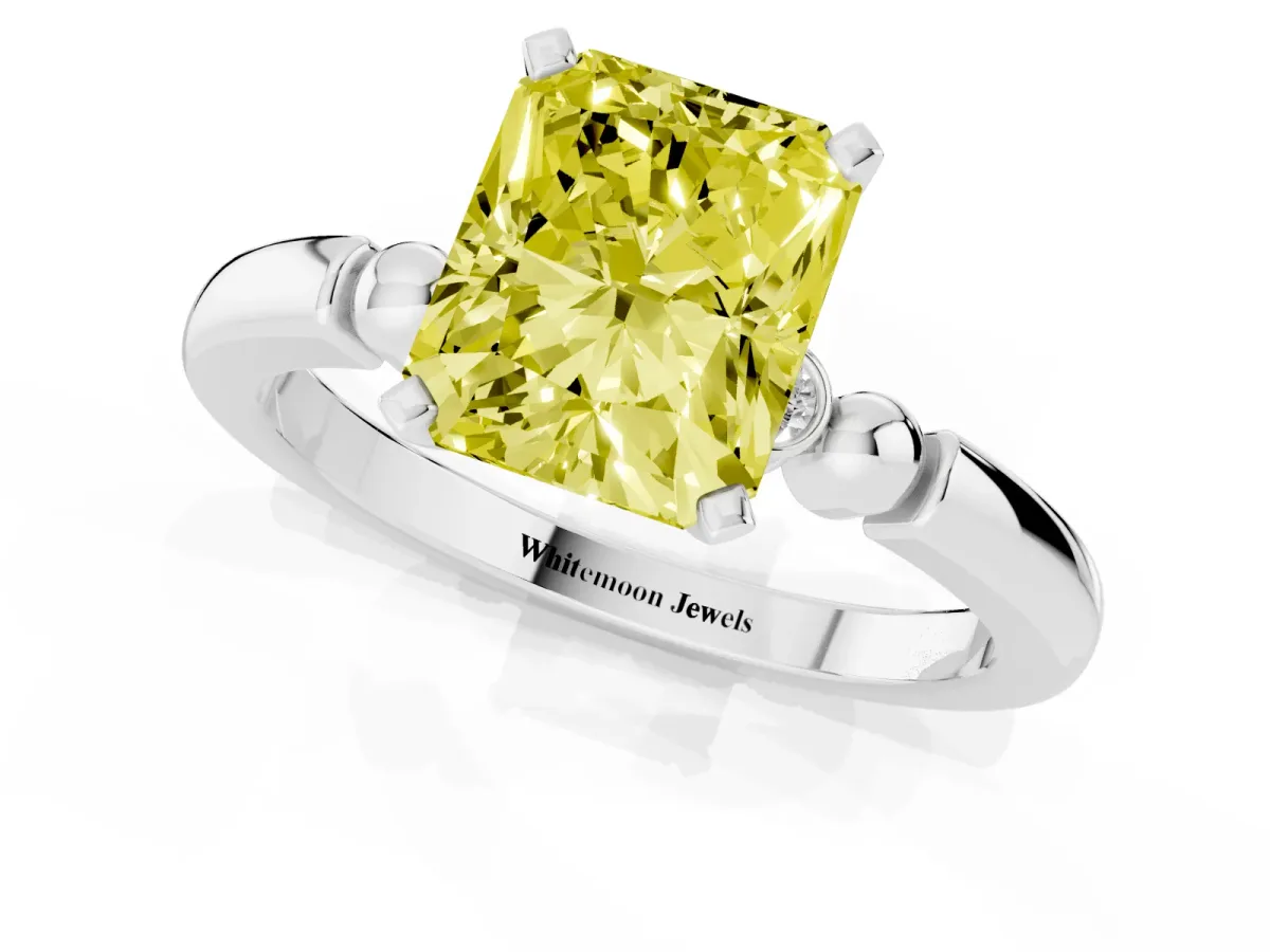 Fancy Yellow Radiant Cut Solitaire Beaded Band with Four-Prong Setting Silver