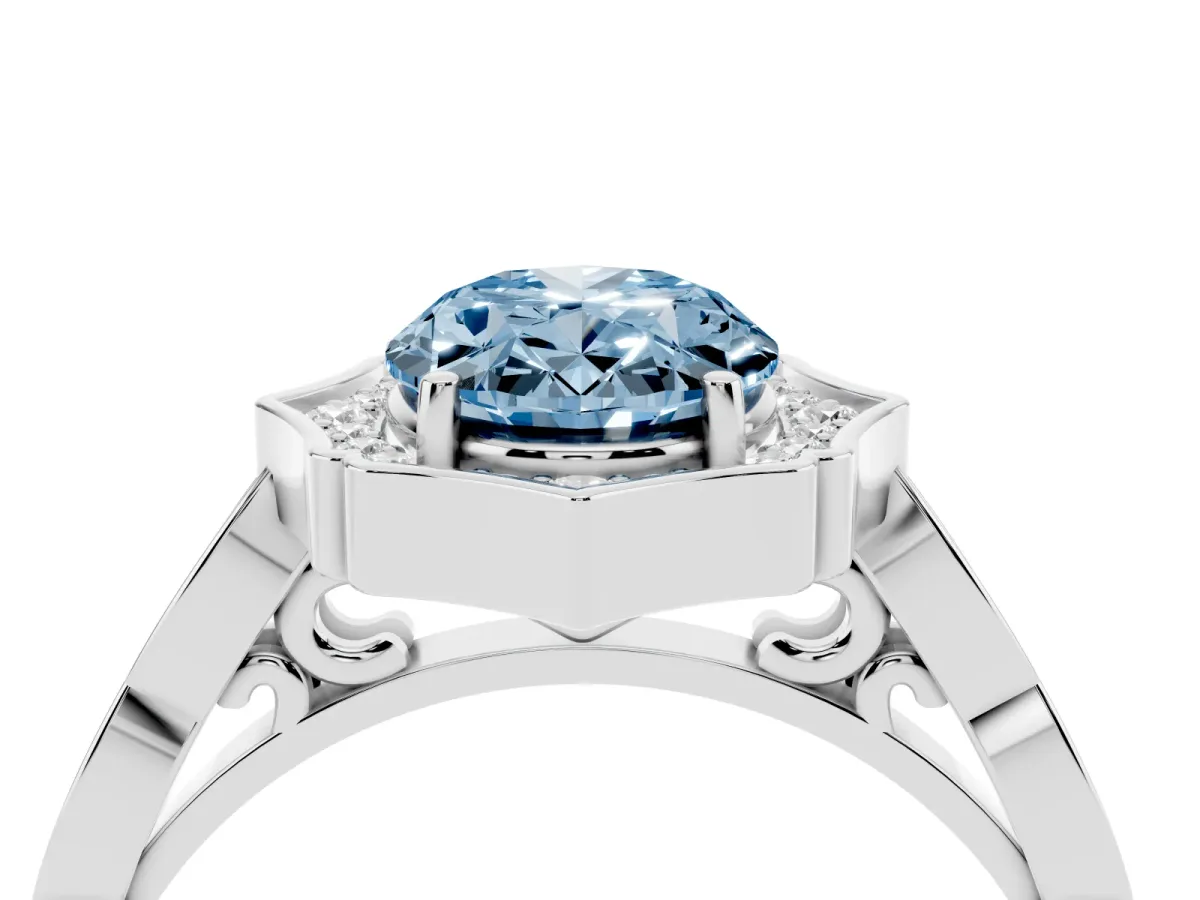 Fancy Blue Oval Cut Halo Diamond Engagement Ring with Milgrain Band and Four-Prong Setting White gold