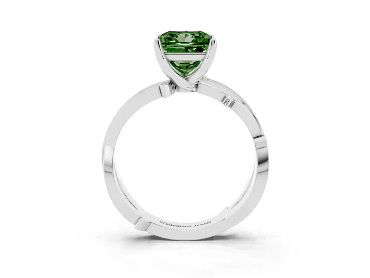 Fancy Green Princess Cut Solitaire Twist Band with Pavé Accents and Four-Prong Setting White gold