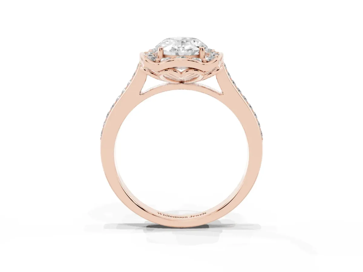Oval Cut Halo Round Diamond Pave Band with Four-Prong Setting Rose gold