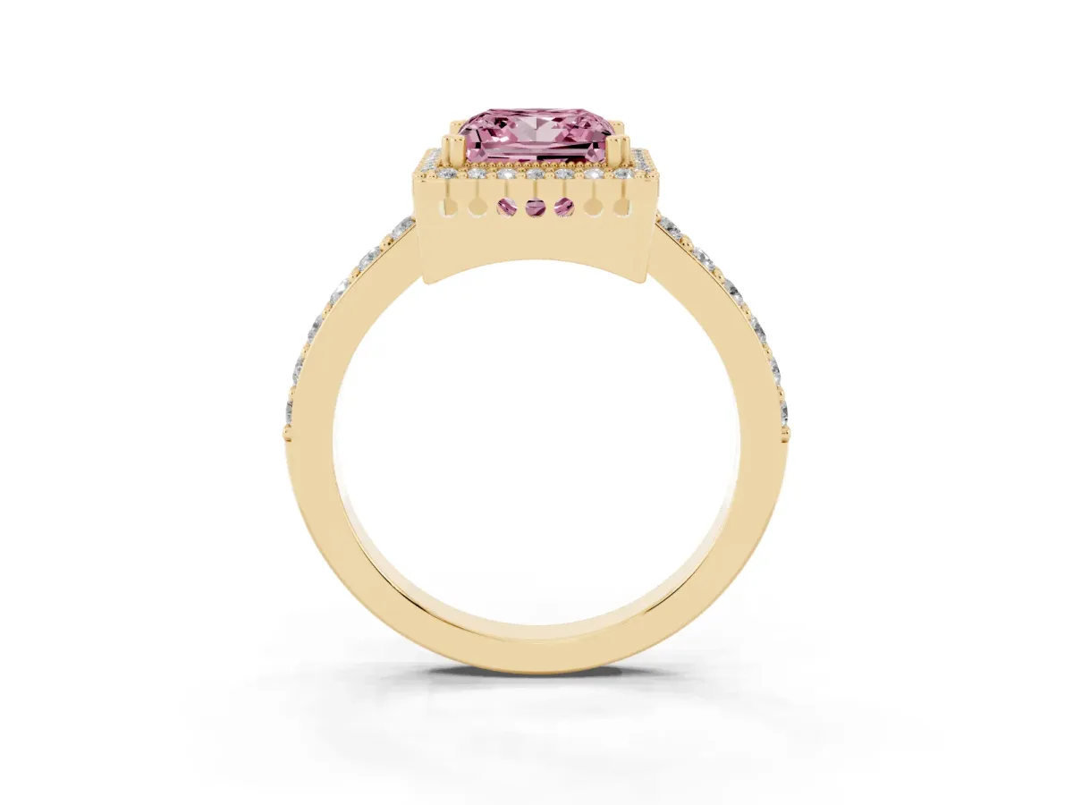 Fancy Pink Princess Cut Cut Diamond Halo Engagement Ring with Milgrain Detail and Pavé Band Yellow gold