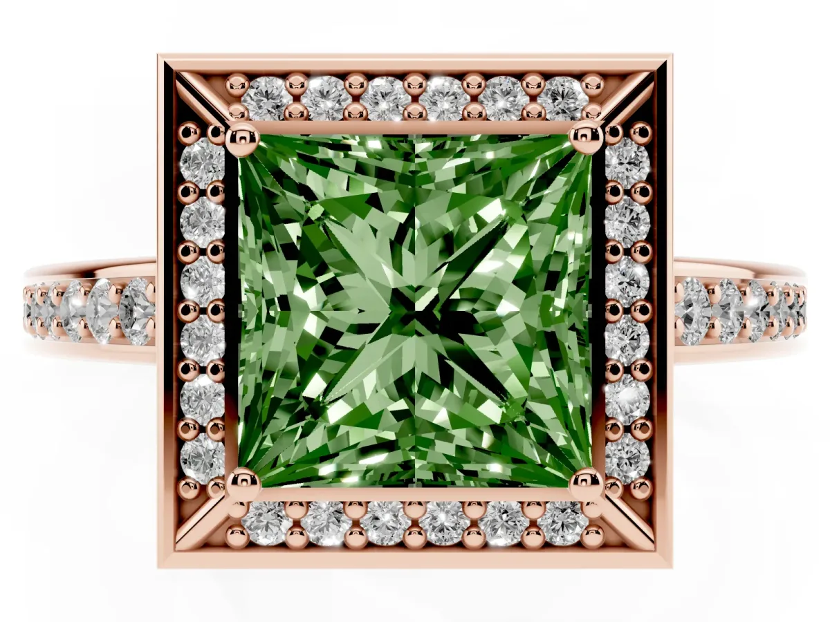 Fancy Green Princess Cut Cut Halo Pave Split Shank Prong Setting Ring Rose gold