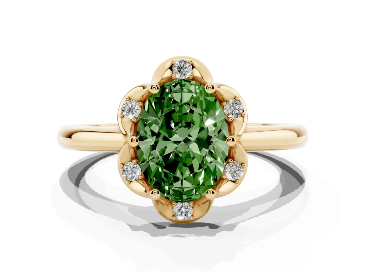 Fancy Green Oval Cut Halo Diamond Ring with Round Cluster Setting, Solitaire Band, and Four-Prong Setting Yellow gold