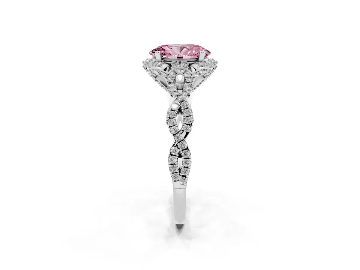 Fancy Pink Oval Cut Halo Twist Band Solitaire Ring with Six-Prong Setting Silver
