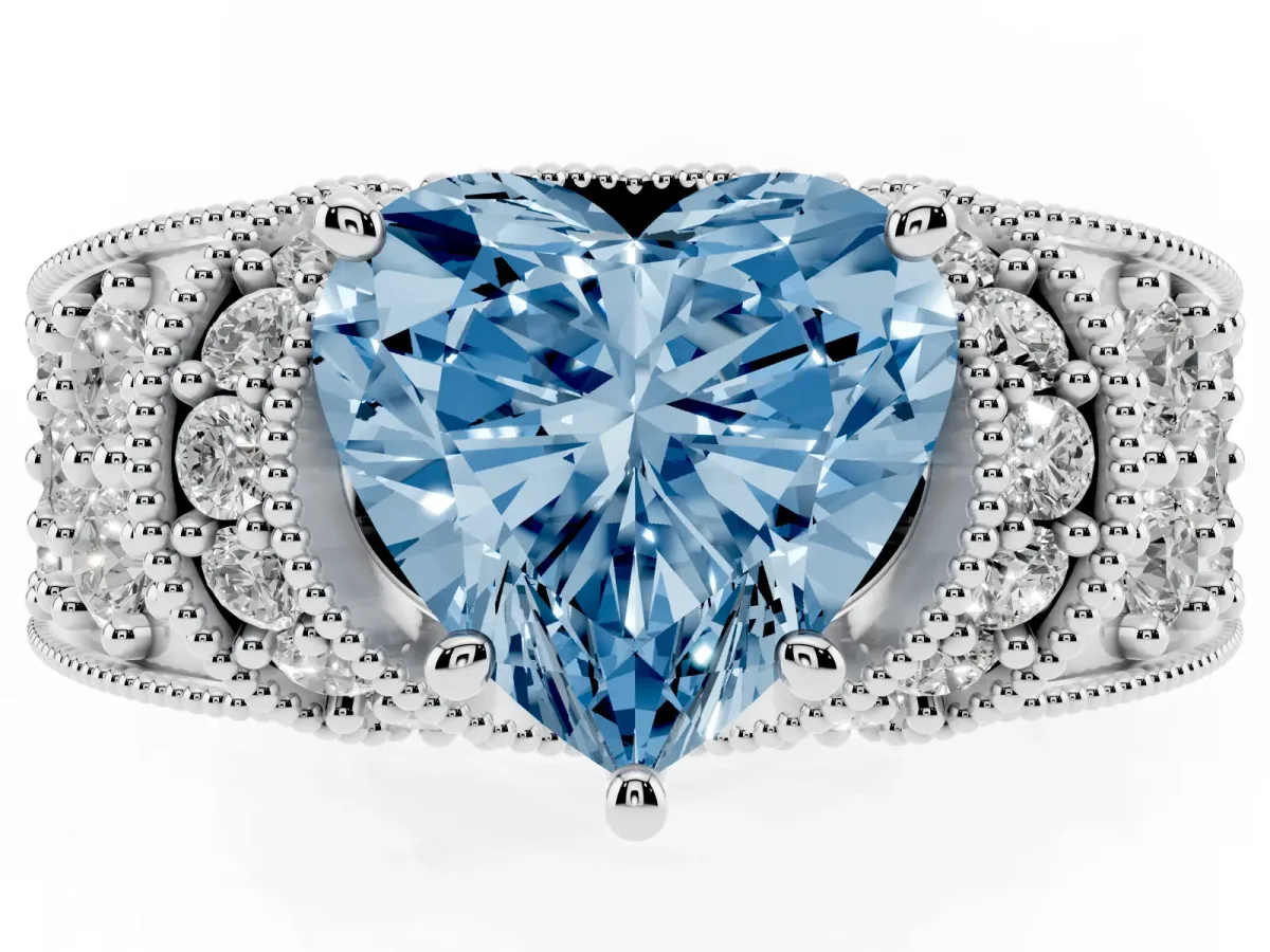 Fancy Blue Heart Cut Halo Pave Diamond Engagement Ring with Milgrain Detailing Silver