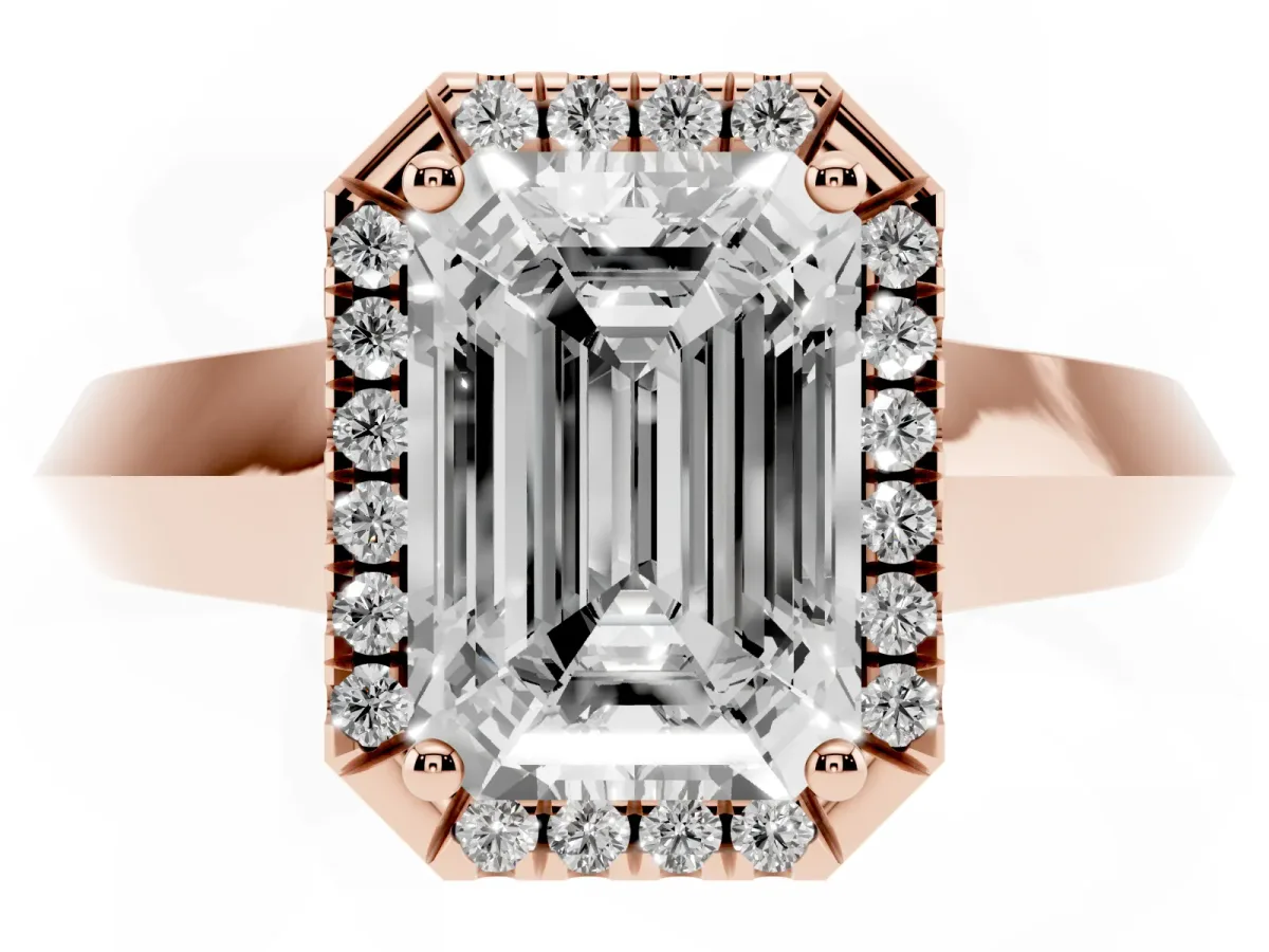 Emerald Cut Halo Diamond Ring with Cathedral Band and Four-Prong Setting Rose gold