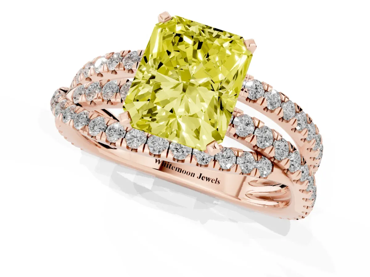Fancy Yellow Radiant Cut Solitaire Twist Band with Pavé Setting and Four-Prong Setting Rose gold