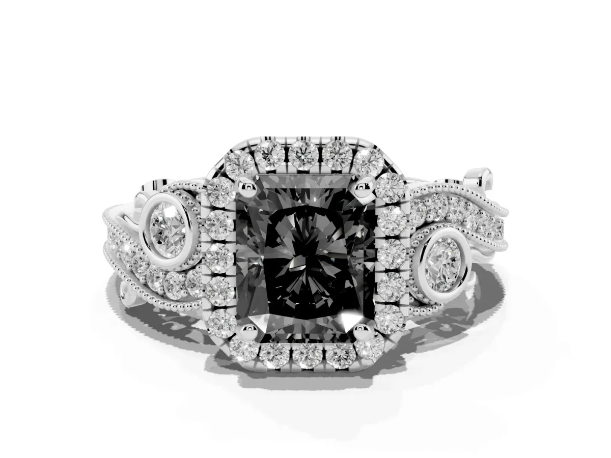 Fancy Black Radiant Cut Halo Diamond Ring with Milgrain and Bezel Accents on a Split Shank Band Silver