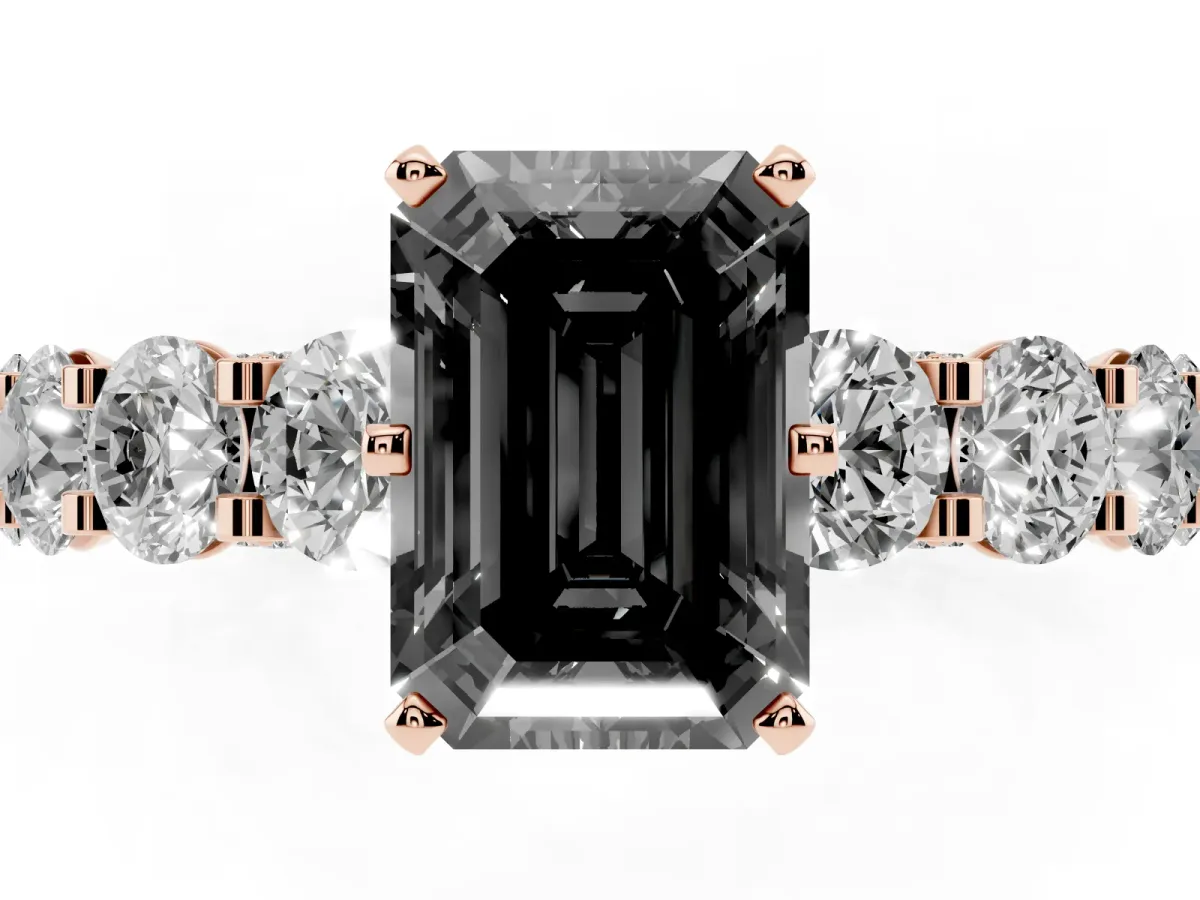 Fancy Black Emerald Cut Diamond Side Stone Engagement Ring with Four-Prong Setting Rose gold
