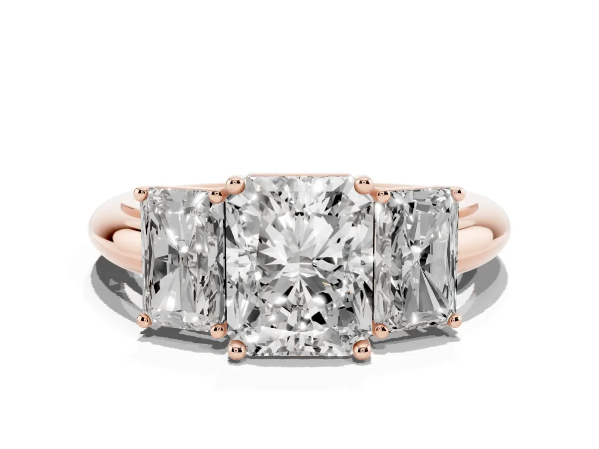 Three-Stone Radiant Cut Cut Diamond Engagement Ring with Prong Setting on a White Gold Band Rose gold