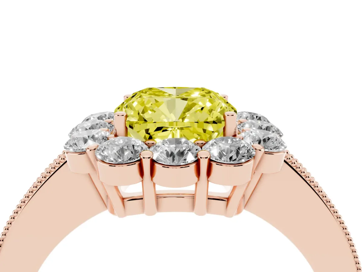 Fancy Yellow Cushion Cut Cut Halo Diamond Pavé Engagement Ring with Milgrain Detailing Rose gold