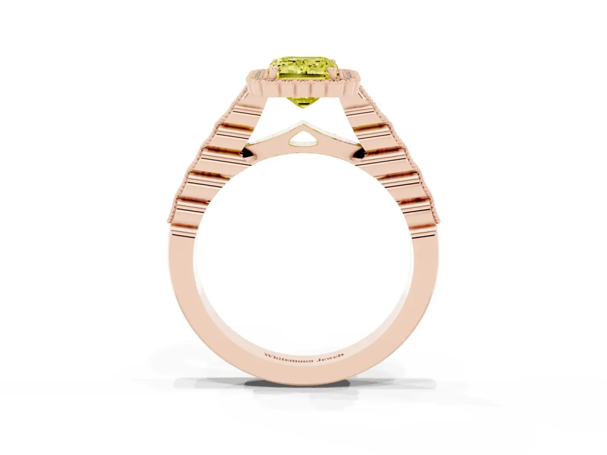Fancy Yellow Emerald Cut Cut Halo Pavé Solitaire Ring with Milgrain Band Rose gold