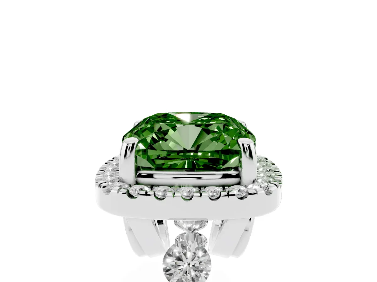 Fancy Green Cushion Cut Halo Pavé Diamond Engagement Ring with Four-Prong Setting Platinum