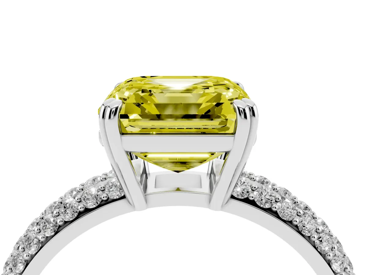 Fancy Yellow Asscher Cut Diamond Solitaire Ring with Multi-Row Round Pavé Band and Prong Setting Silver