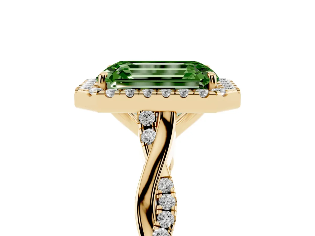 Fancy Green Emerald Cut Halo Twist Band Solitaire Ring Yellow gold